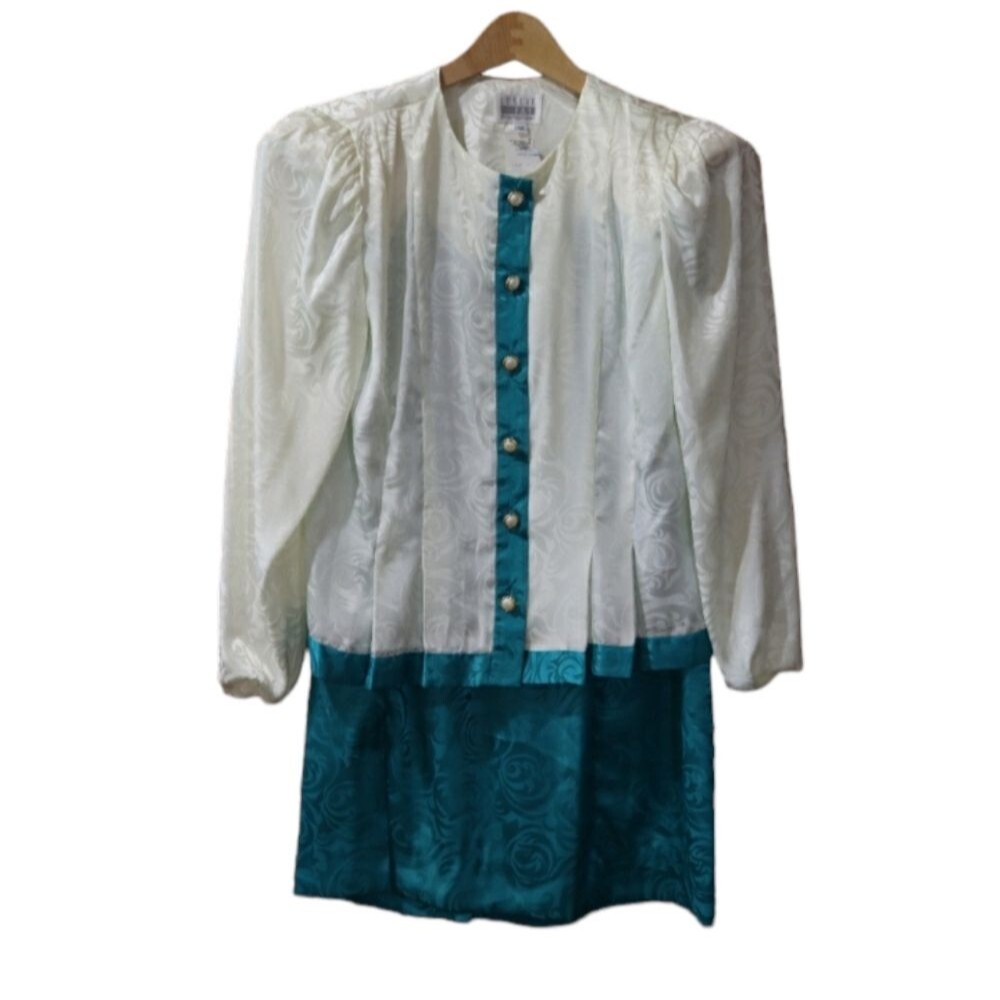 Leslie Fay White & Blue Pearl Button Floral Skirt Suit 12 Vintage 90s
